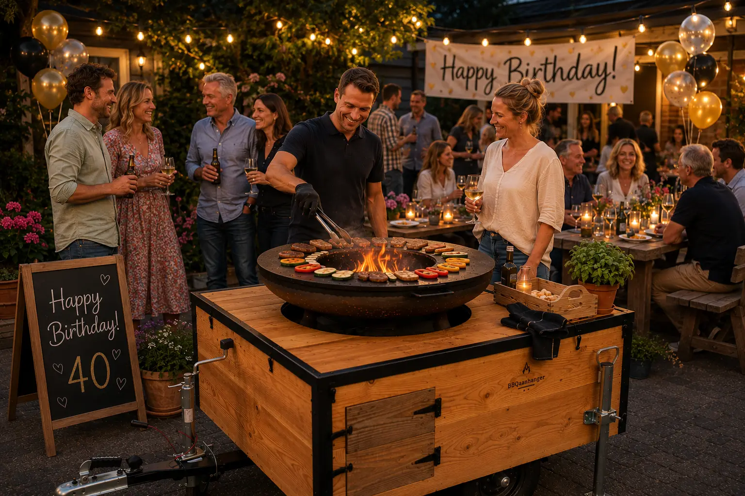Verjaardagsfeest met gasten rond de barbecue